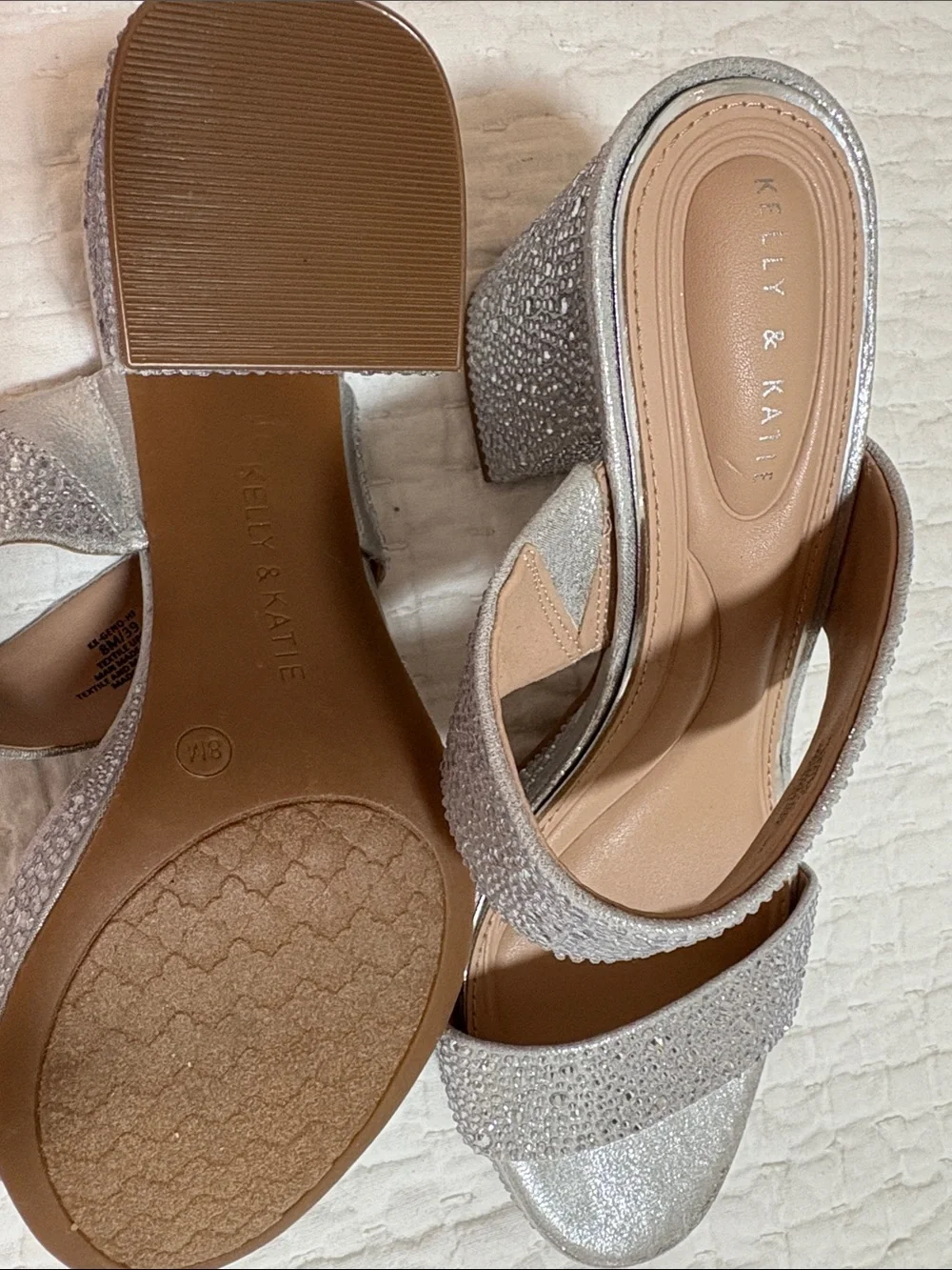 Kelly & Katie Silver Glitter Block Heel Sandals with Dual Straps